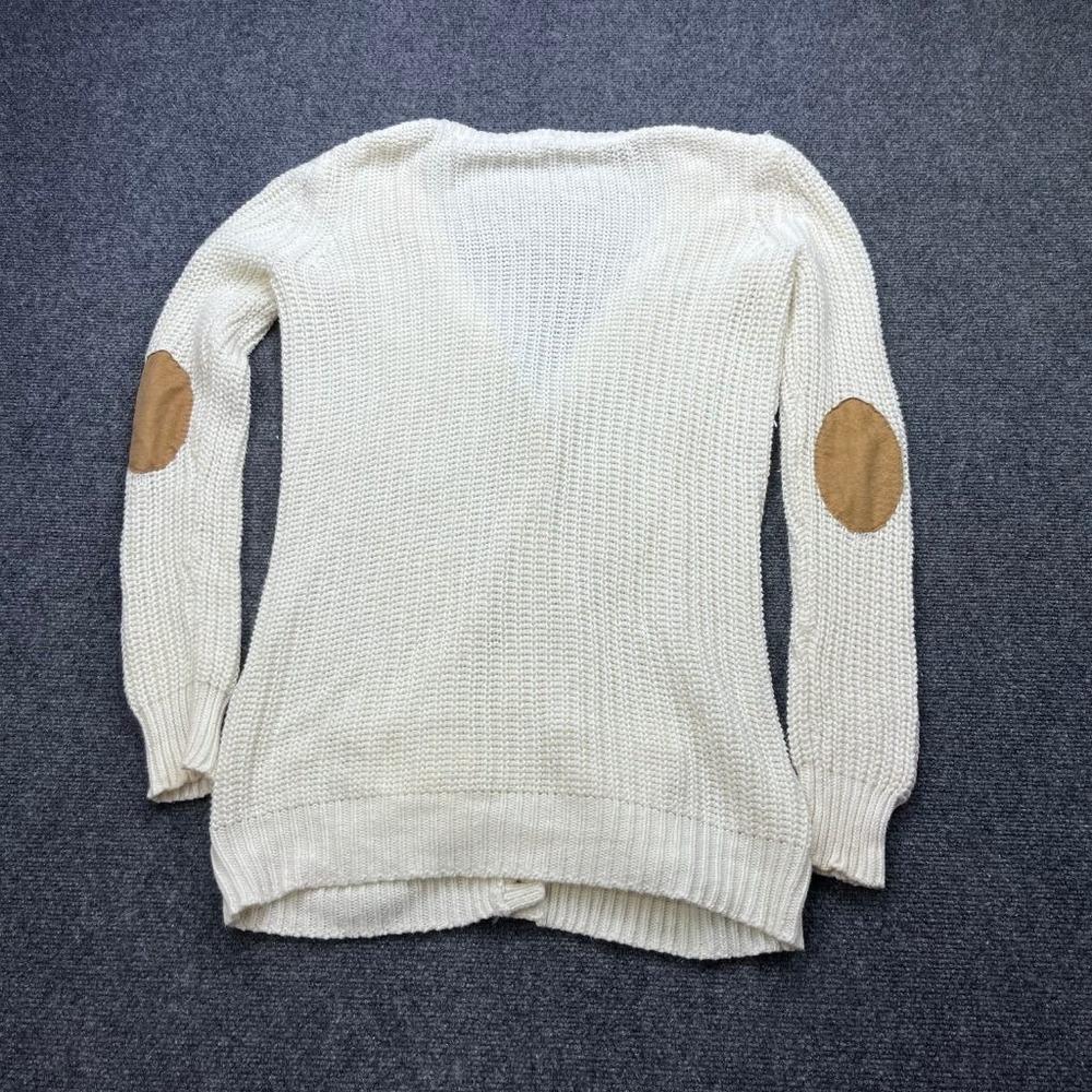 Heart N Crush Womens S Cream Chunky Knit‎ Sweater Suede Elbow Patches Cotton